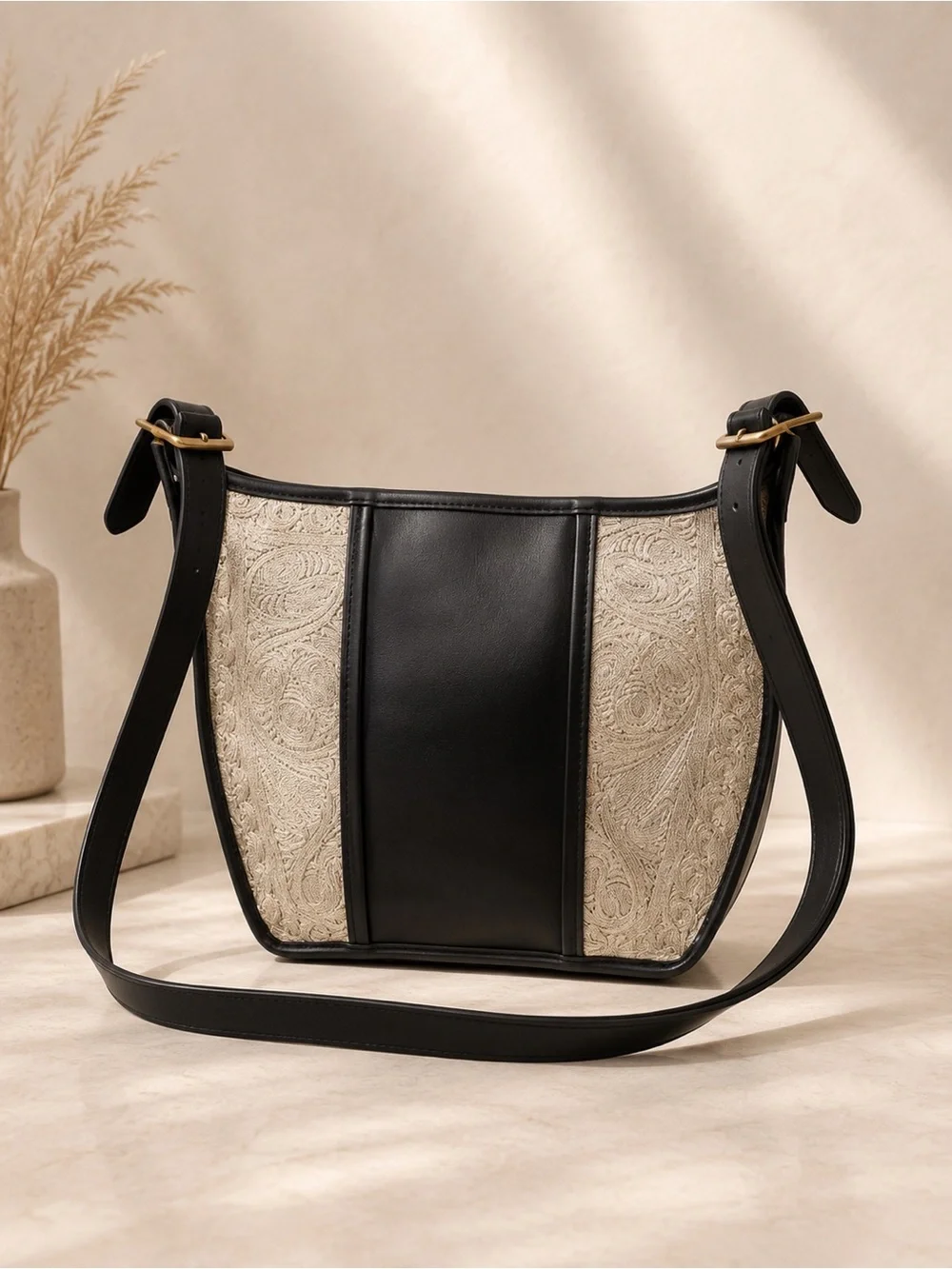 Vintage Albano Black Leather Brocade Crossbody Shoulder Bag Y2K